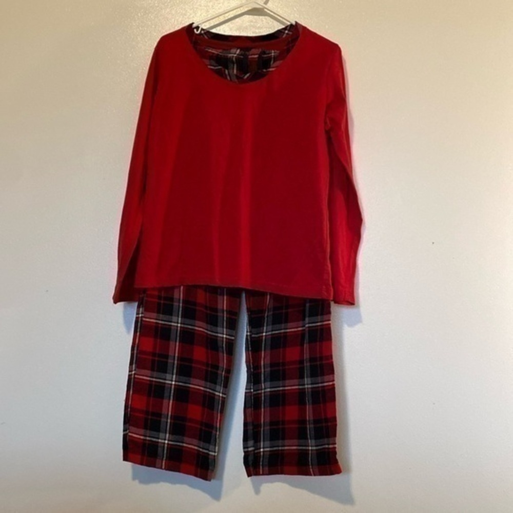 Medalist red black flannel cotton plaid long sleeve top and bottom pj set large